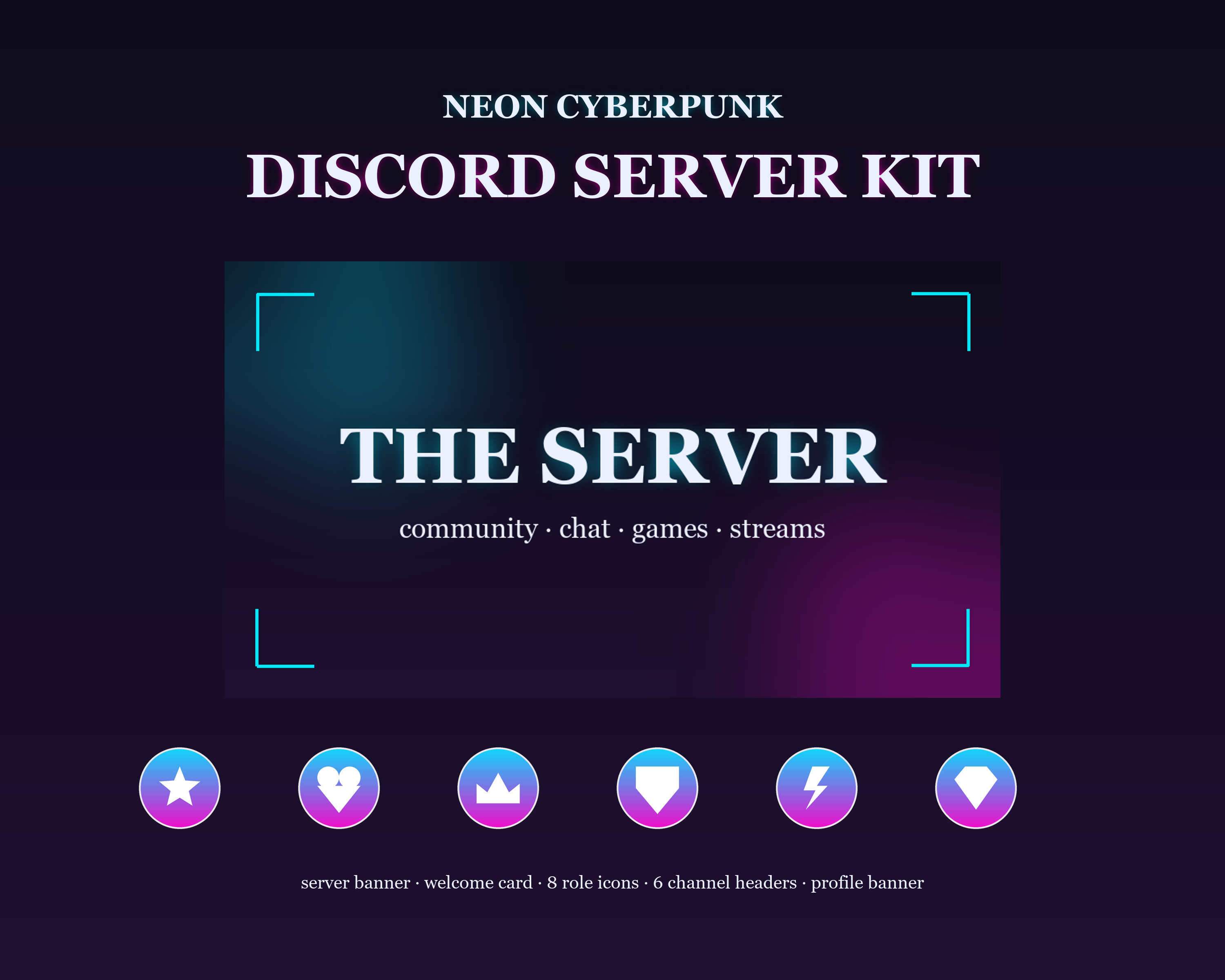 Neon Cyberpunk Discord Server Kit — Banner, Welcome, Role Icons