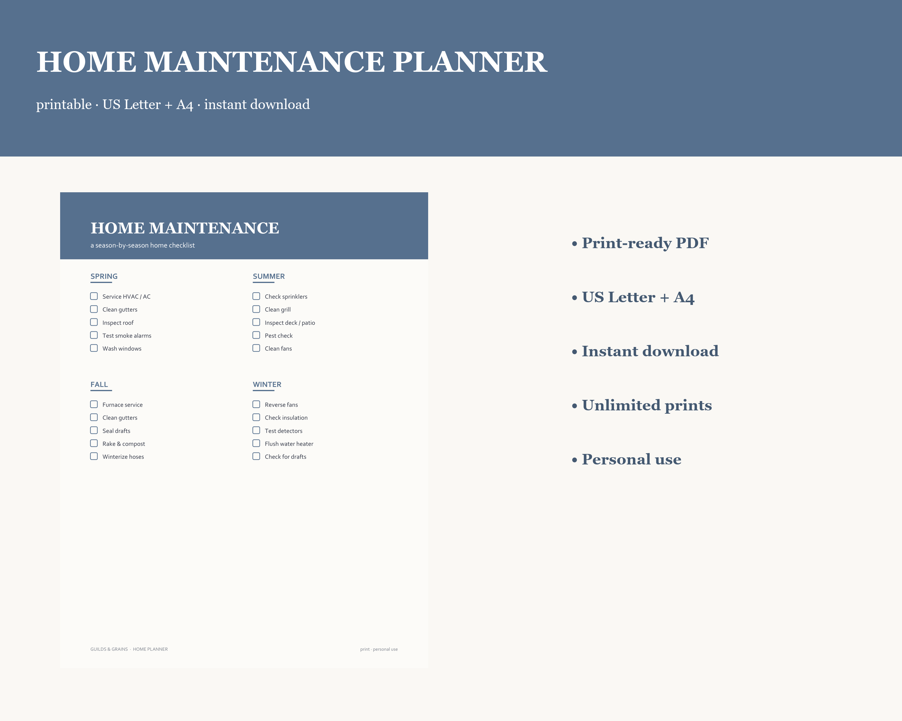 Home Maintenance Planner — Printable Planner (US Letter + A4)