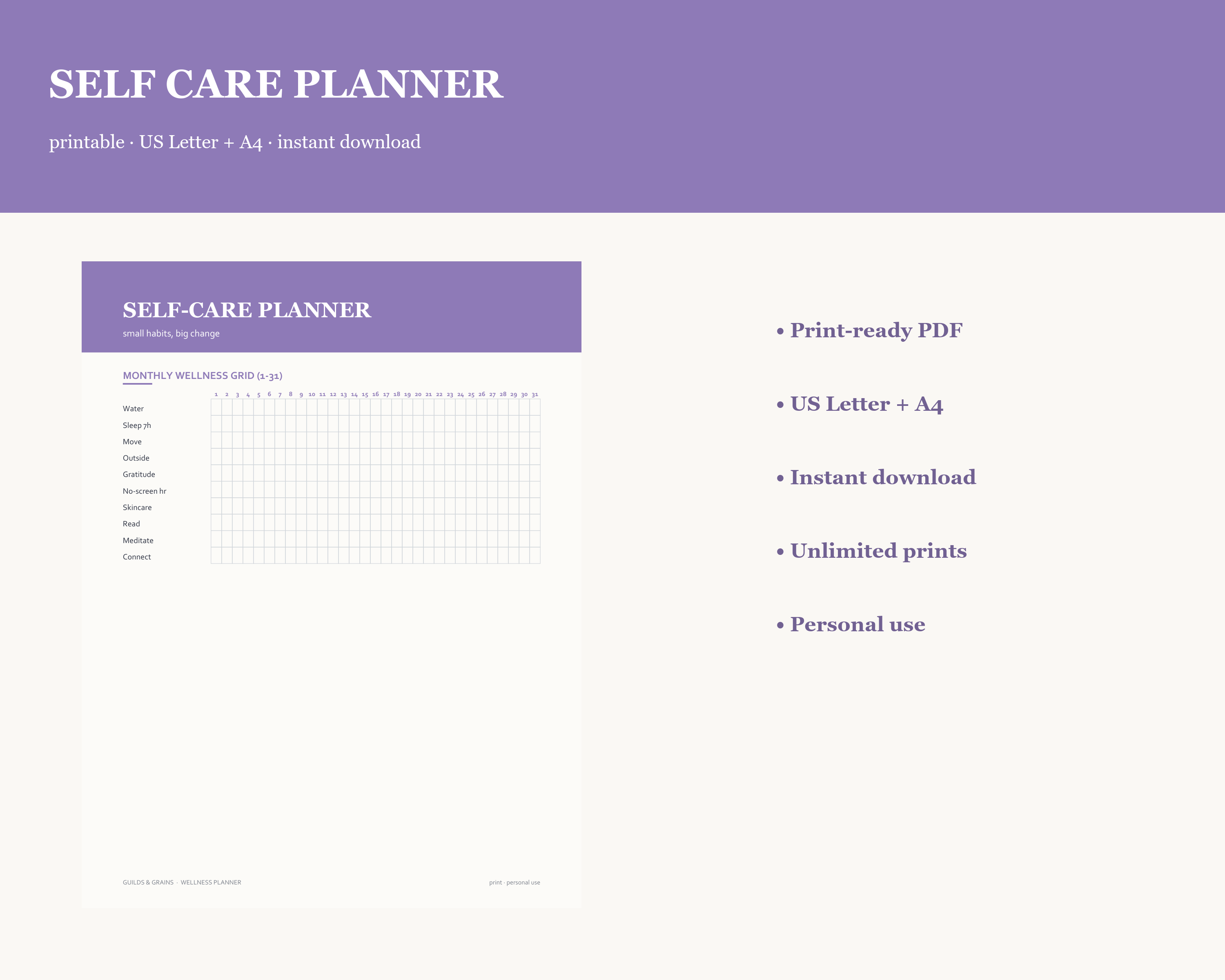 Self-Care Planner — Printable Planner (US Letter + A4)