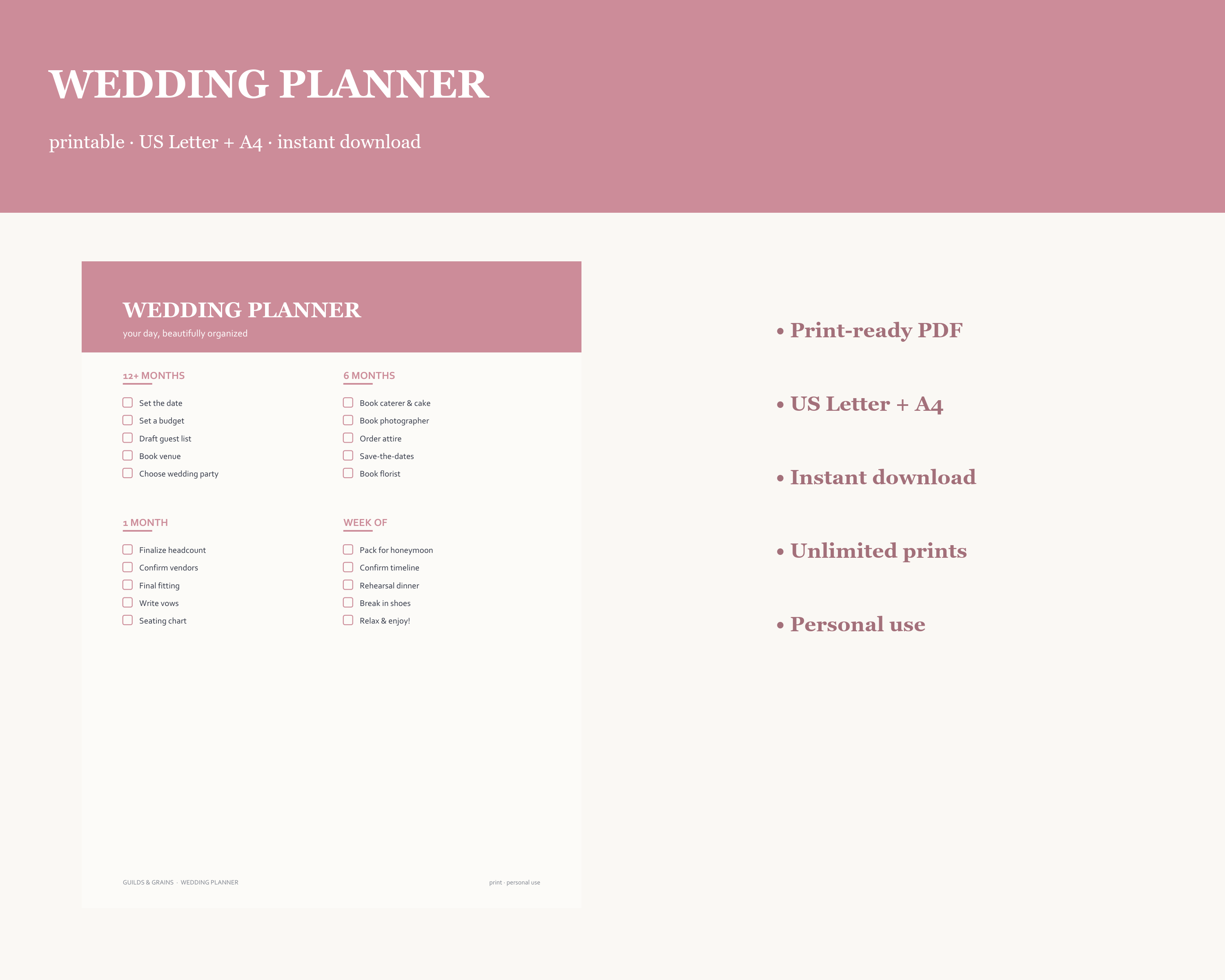 Wedding Planner — Printable Planner (US Letter + A4)