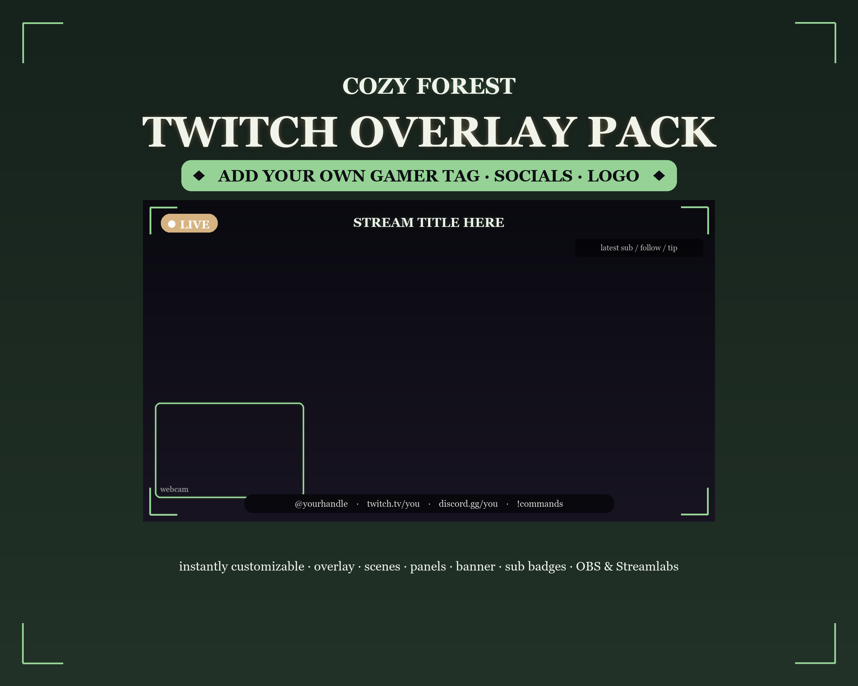 Cozy Forest Twitch Overlay Pack — Customizable Gamer Tag + Logo (OBS/Streamlabs)