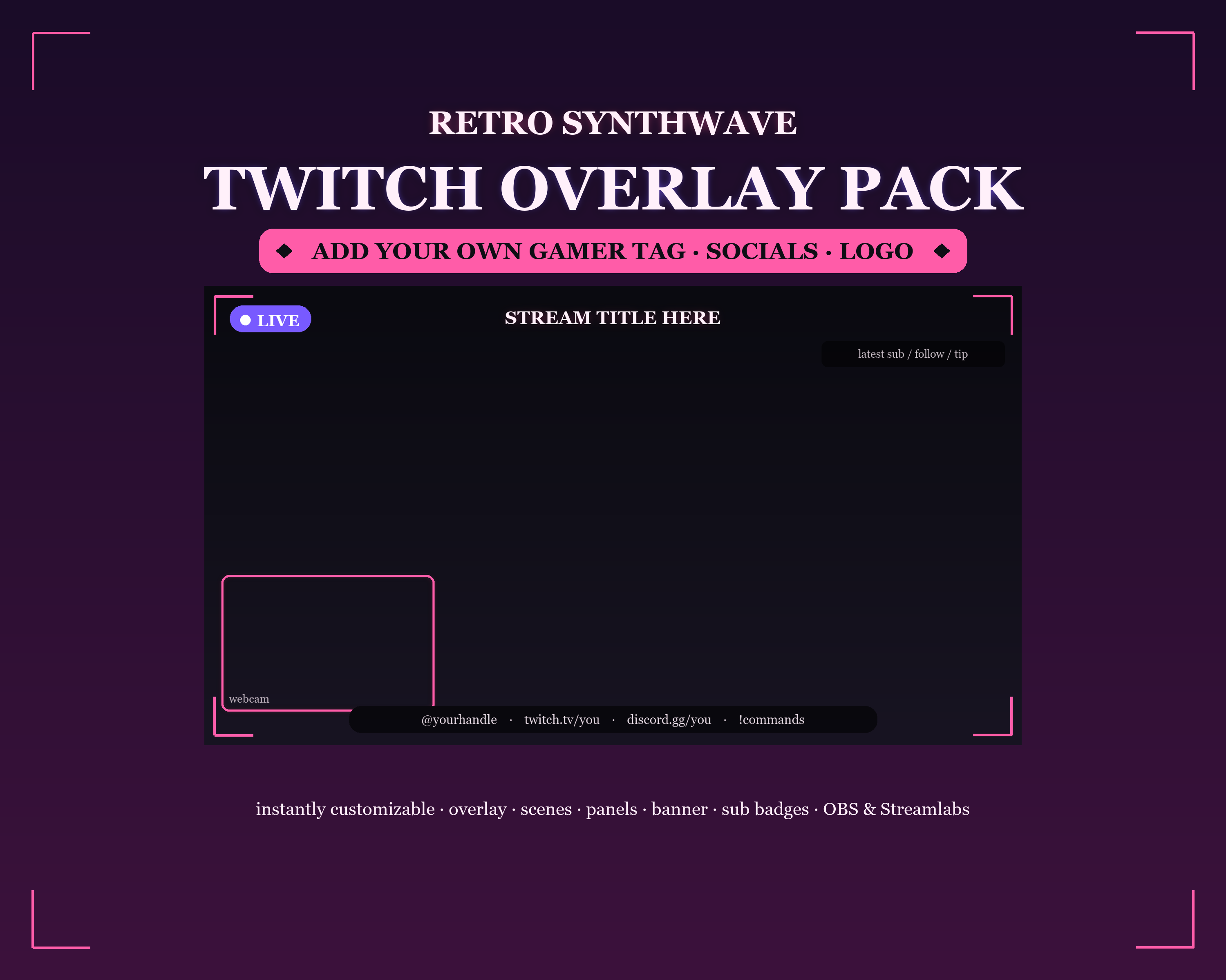 Retro Synthwave Twitch Overlay Pack — Customizable Gamer Tag + Logo (OBS/Streamlabs)