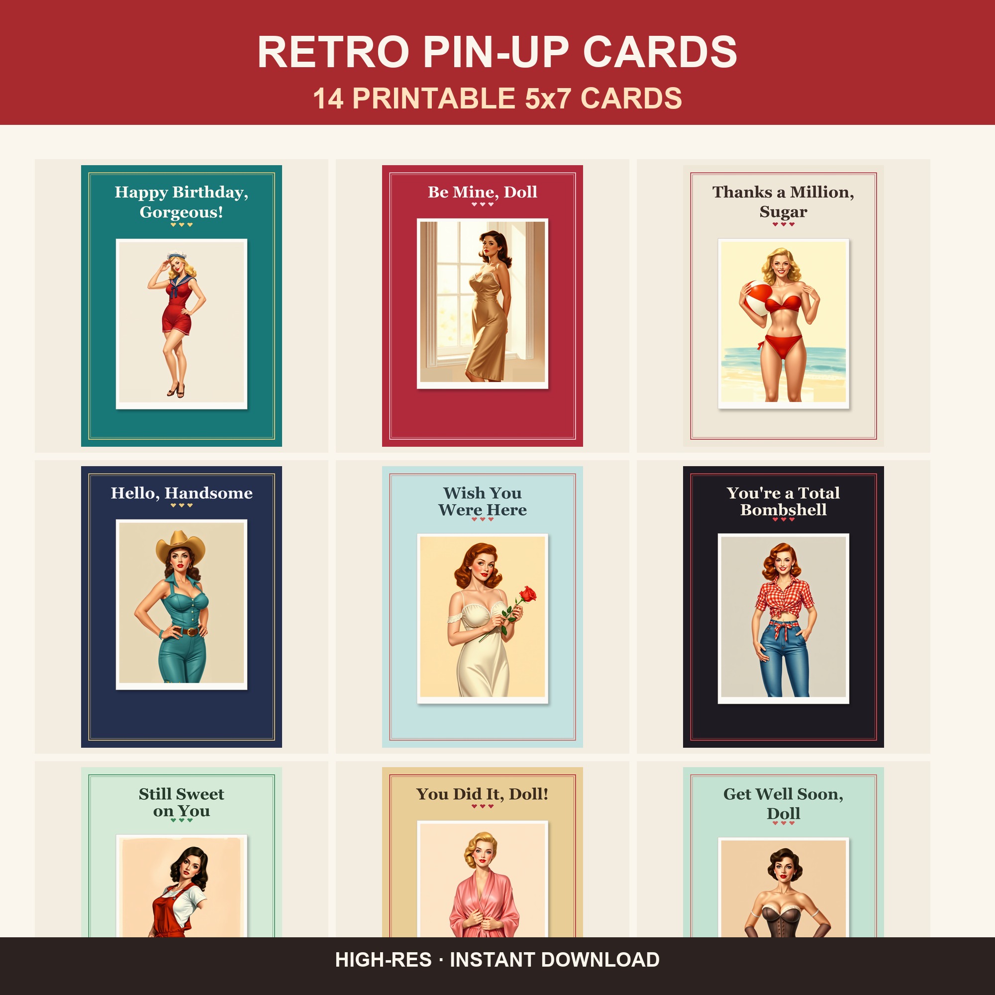 Vintage Retro Greeting Cards - 14 Printable 5x7s