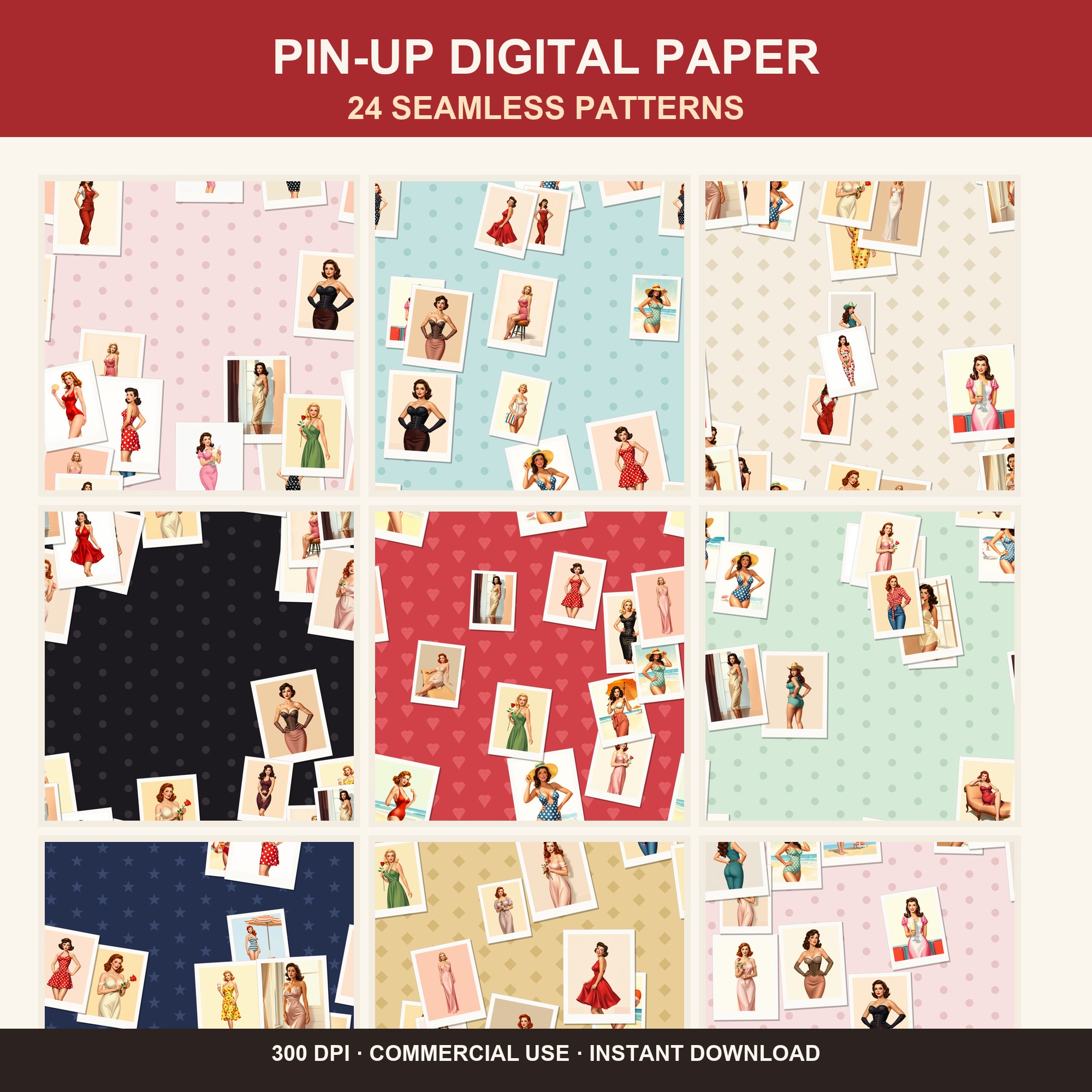 Vintage Retro Digital Paper Pack - 24 Seamless Patterns